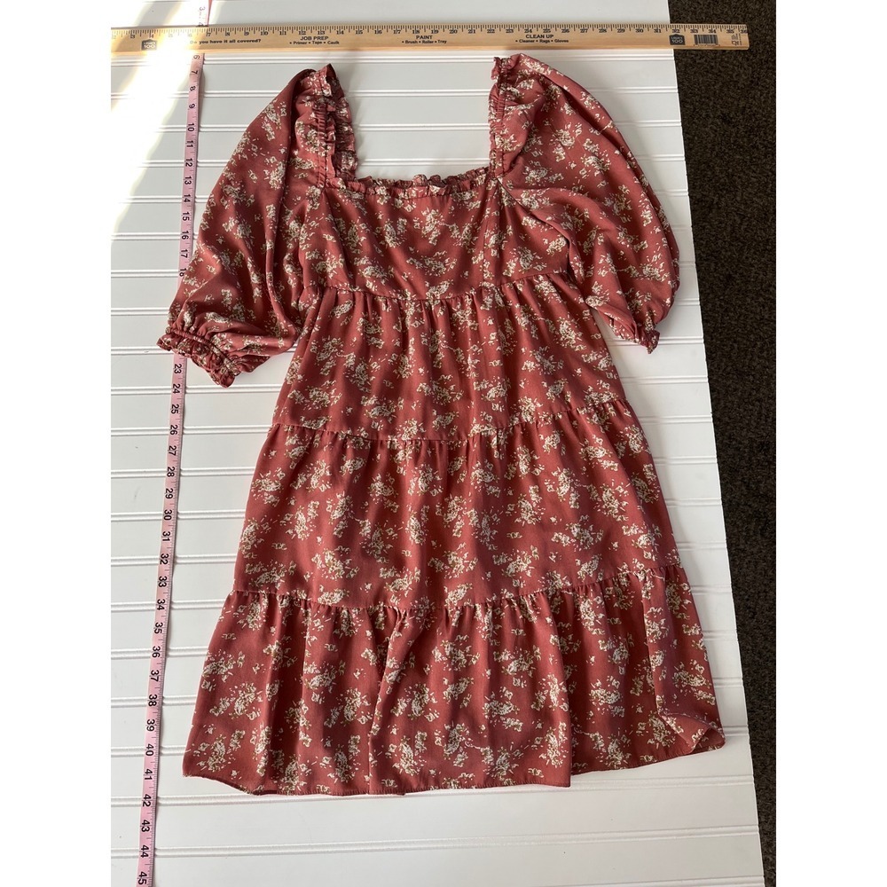 226- Wishlist Smocked Floral Tiered Mini Dress Terracotta Rose Small Pockets